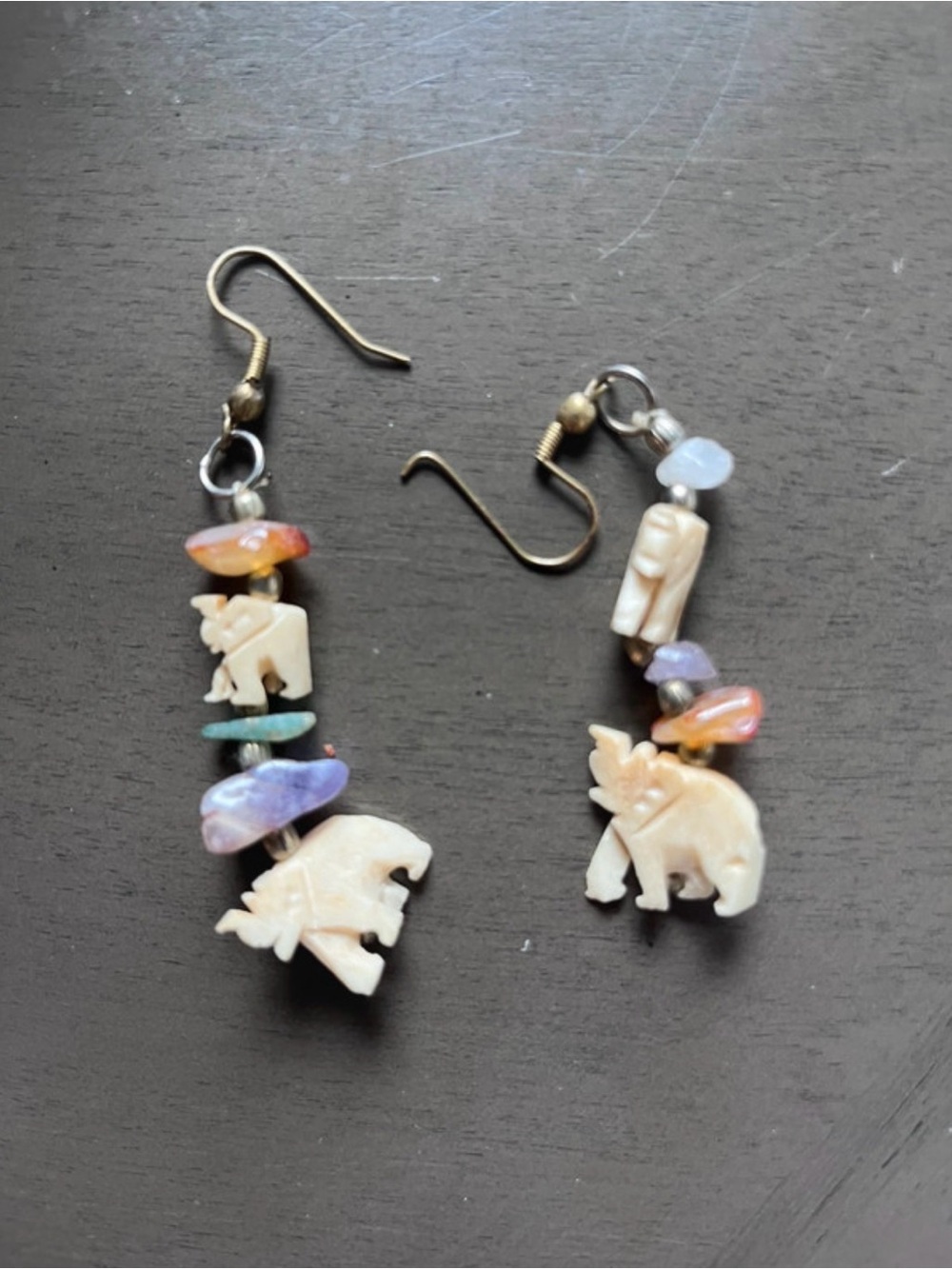 Carved Ivory-Tone Elephant Drop Earrings with Multicolor Gem Accents
